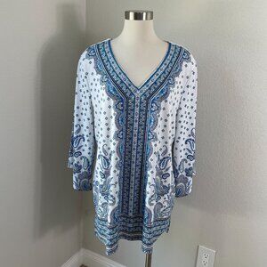 JM Collection Womens Plus 2X Tunic Top White Blue Paisley V Neck 3/4 Sleeve